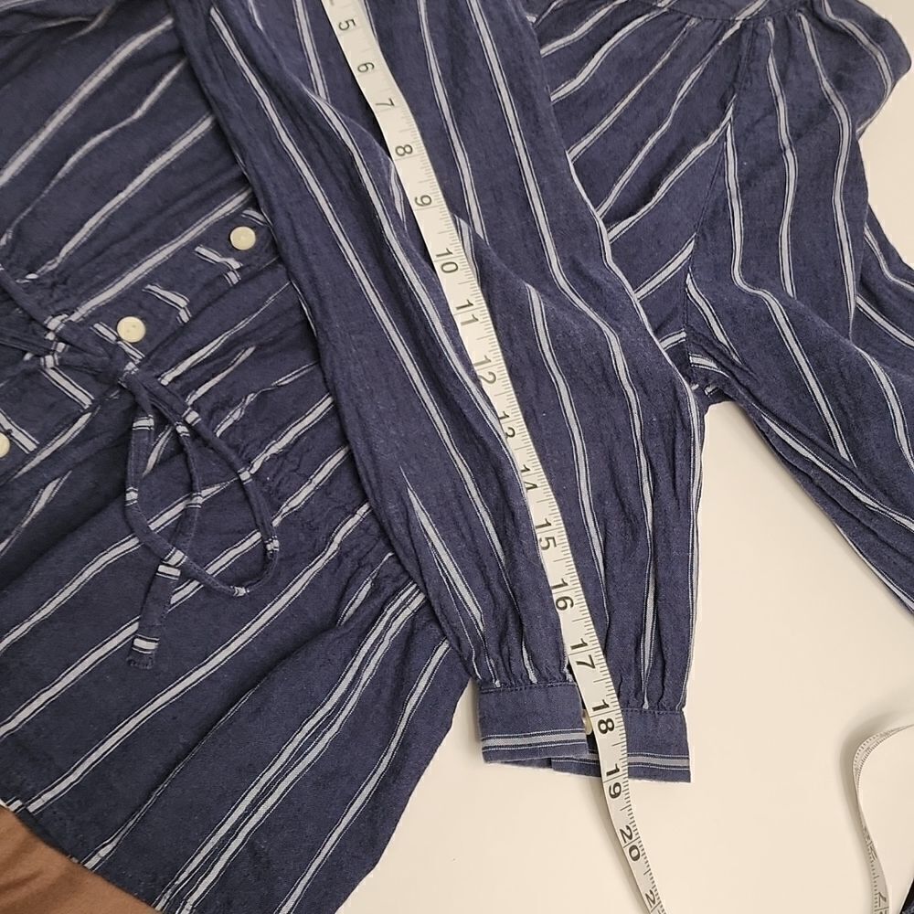 JCREW Linen Blend Denim Top Full Button Front Cinching Waist Contrasting Stripes - Picture 14 of 15